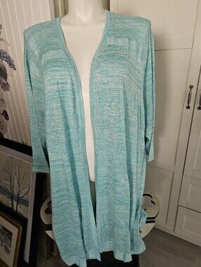 NWT Catherines 5X Cardigan Sweater Aqua Turquoise Blue White Marled Duster